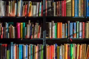 This is a photo of many colorful books on a book shelf.