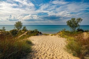 This is a photo of a beach scene, complete with blue water, light brown sand, and green trees.