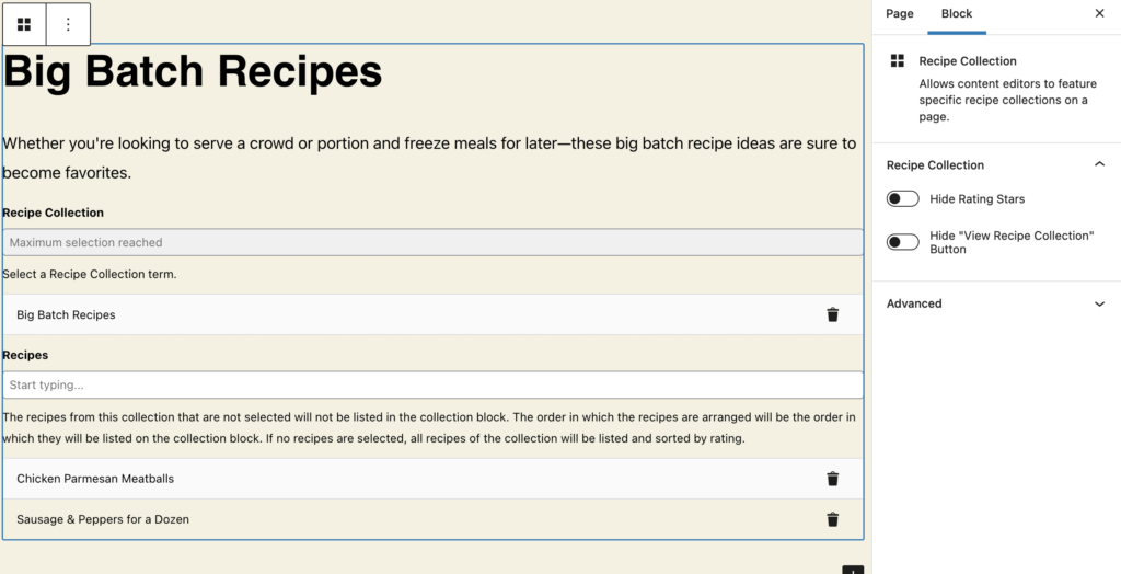 Recipe Collection Block Admin