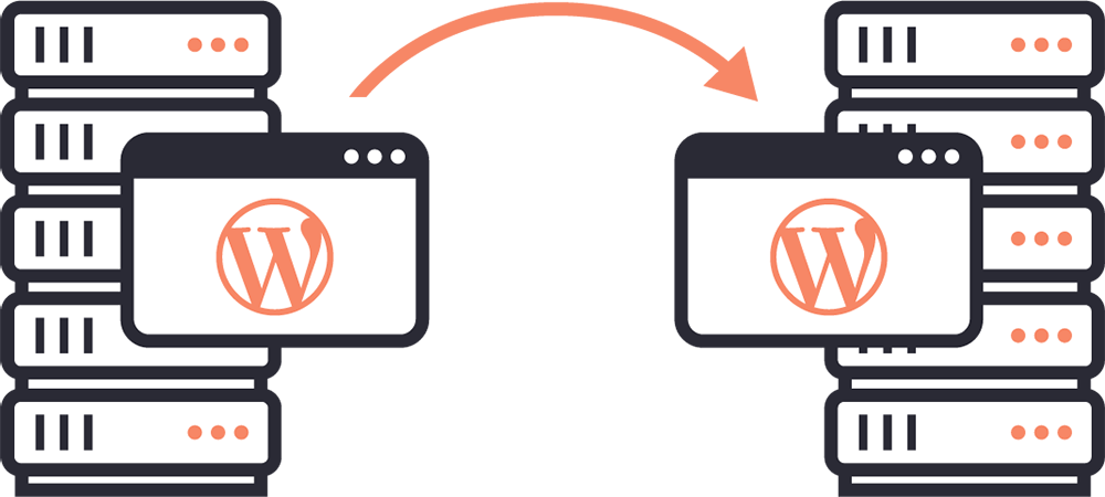 This is a graphic image that represents a WordPress data migration. It shows the WordPress logo and an arrow to indicate it moving from one place to another.