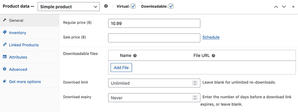 This is a screenshot of WooCommerce product data entry. It shows an example of a single product entry with form fields for regular price, sale price, downloadable files, download limit, and download expiry date.