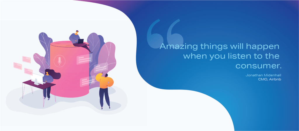 This is a vector image with a white background on the left and an artistic image of one person at standing desk with a monitor and keyboard, while another person is scrolling through AR screens, and a third person is on laptop. To the right is a blue background with a quote from Jonatan Midenhall, CMO of AirBNB that says, "Amazing things will happen when you listen to the consumer."