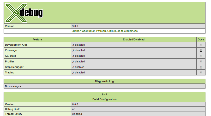 xdebug_info output - debugger is listening